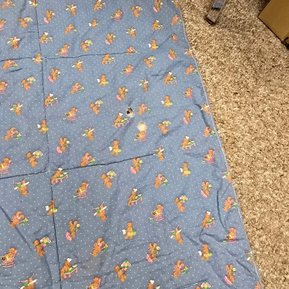 Vintage‎ Days of the Week Teddy Bear Quilted Baby Blanket Blue White 47x39